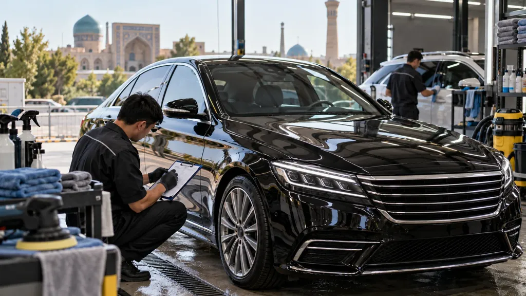 A premium car being inspected before service at a detailing center