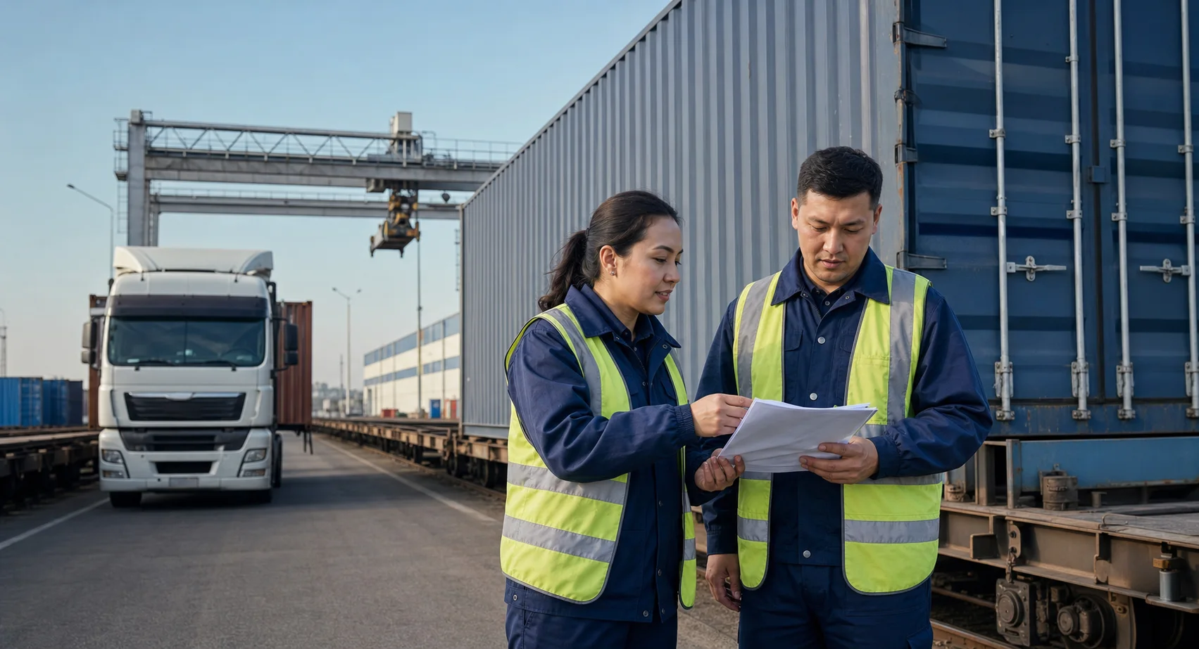 Logistics specialists inspect cargo before an intermodal shipment