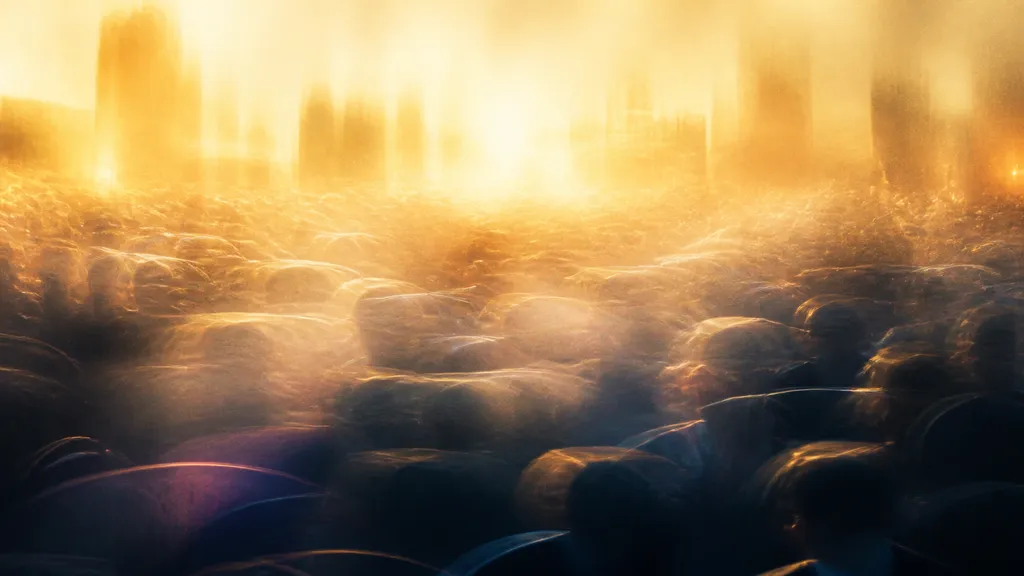 A flow of pilgrims in golden light