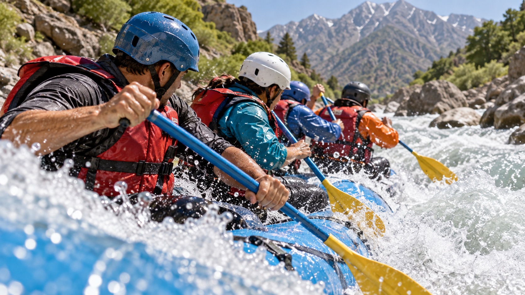 Raft crew in helmets and life jackets paddling together