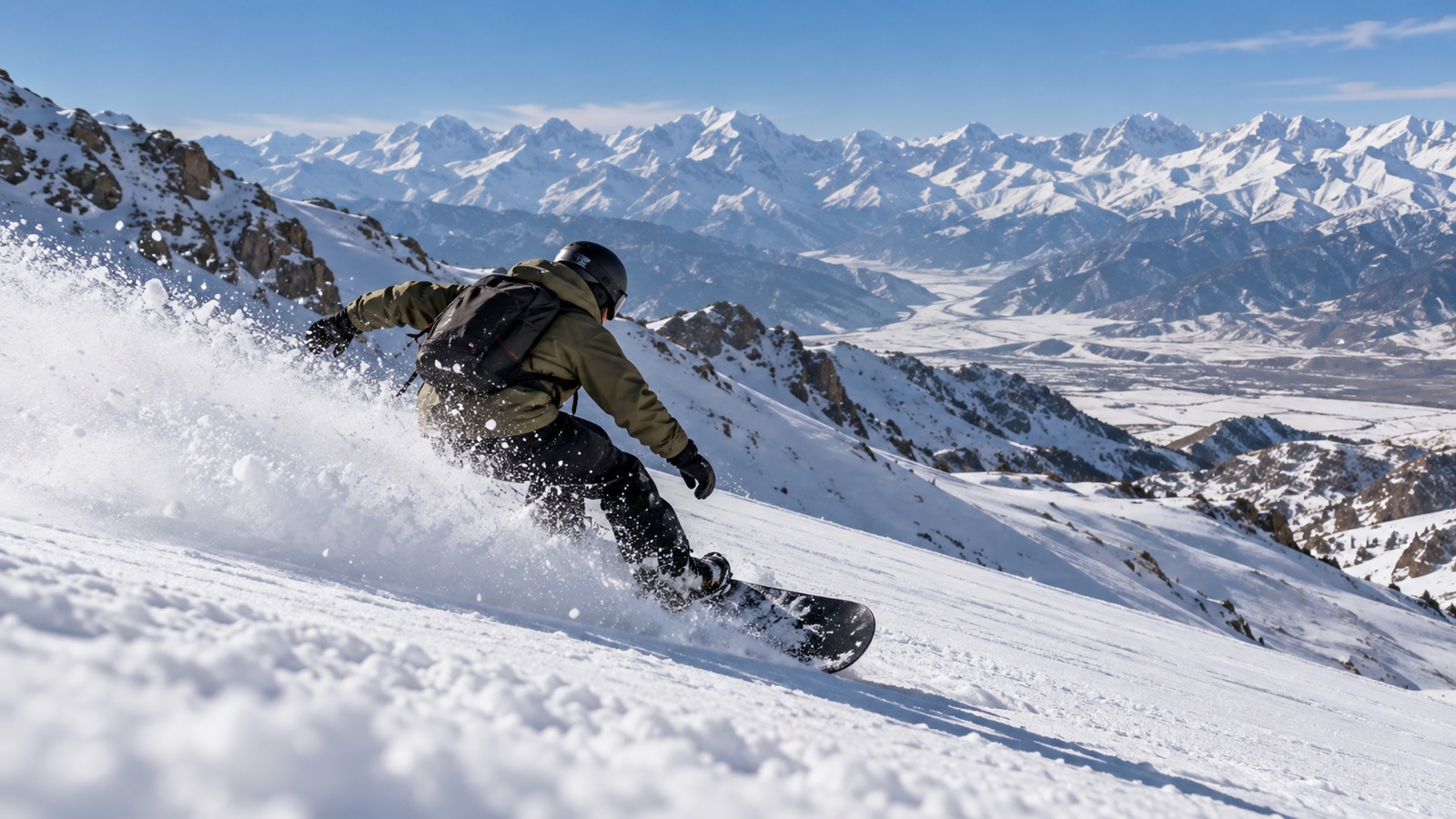 Snowboarder carving a turn, spraying snow