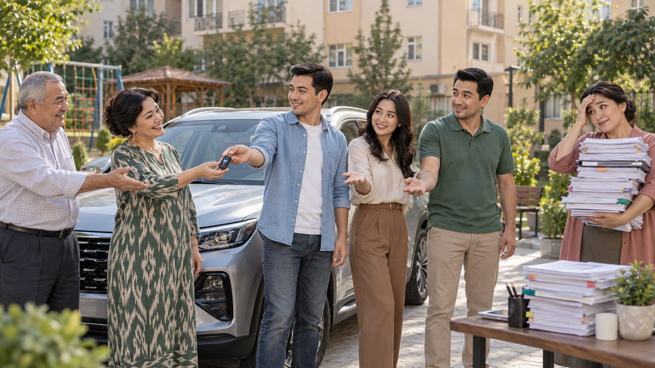 Family members pass around the key to a shared car while one person handles a stack of insurance paperwork