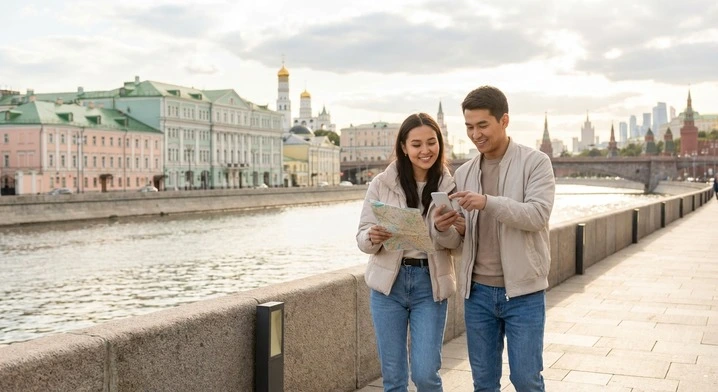 Moskva yoki Sankt-Peterburg markazidagi nabrejda va tarixiy binolar manzarasi