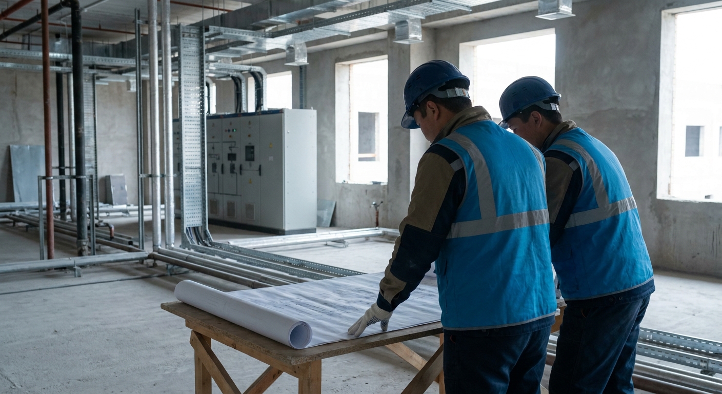 Engineers review equipment installation against the project documentation