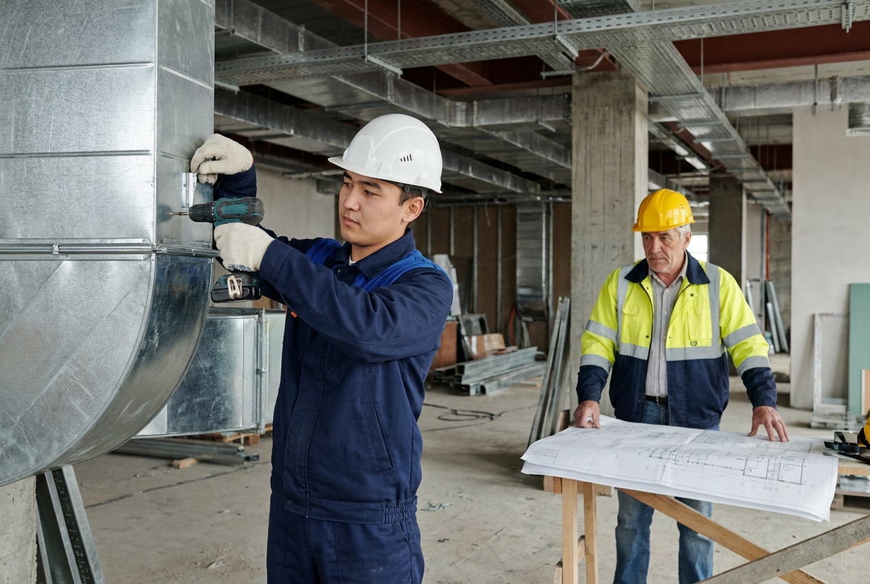A technician installs ventilation equipment under an engineer’s supervision