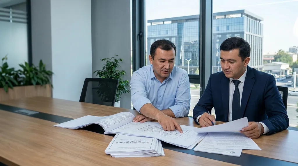 A business owner discusses mortgage property insurance documents with a bank specialist