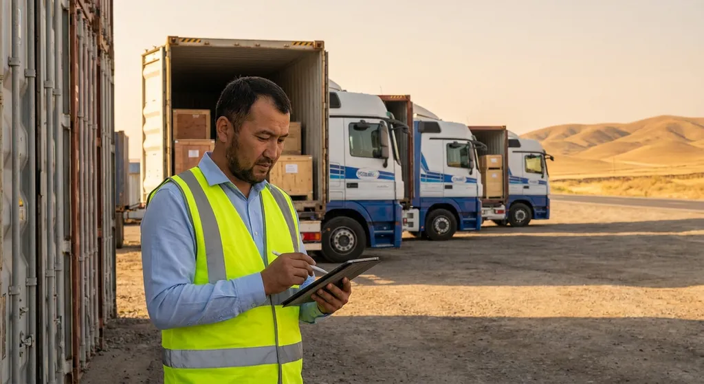 Logistika mutaxassisi yuk terminalida yuk avtomobili yonida hujjatlarni tekshirmoqda