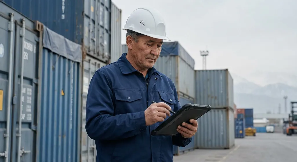 Inspector with a tablet examining a consignment of cargo beside containers at a terminal