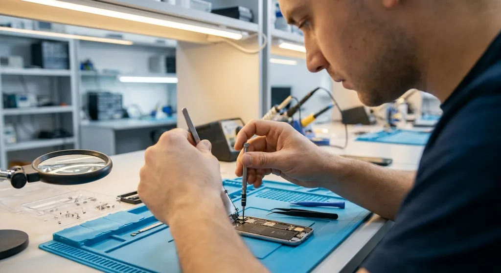 A technician at an authorised service centre repairing a disassembled smartphone at a workbench