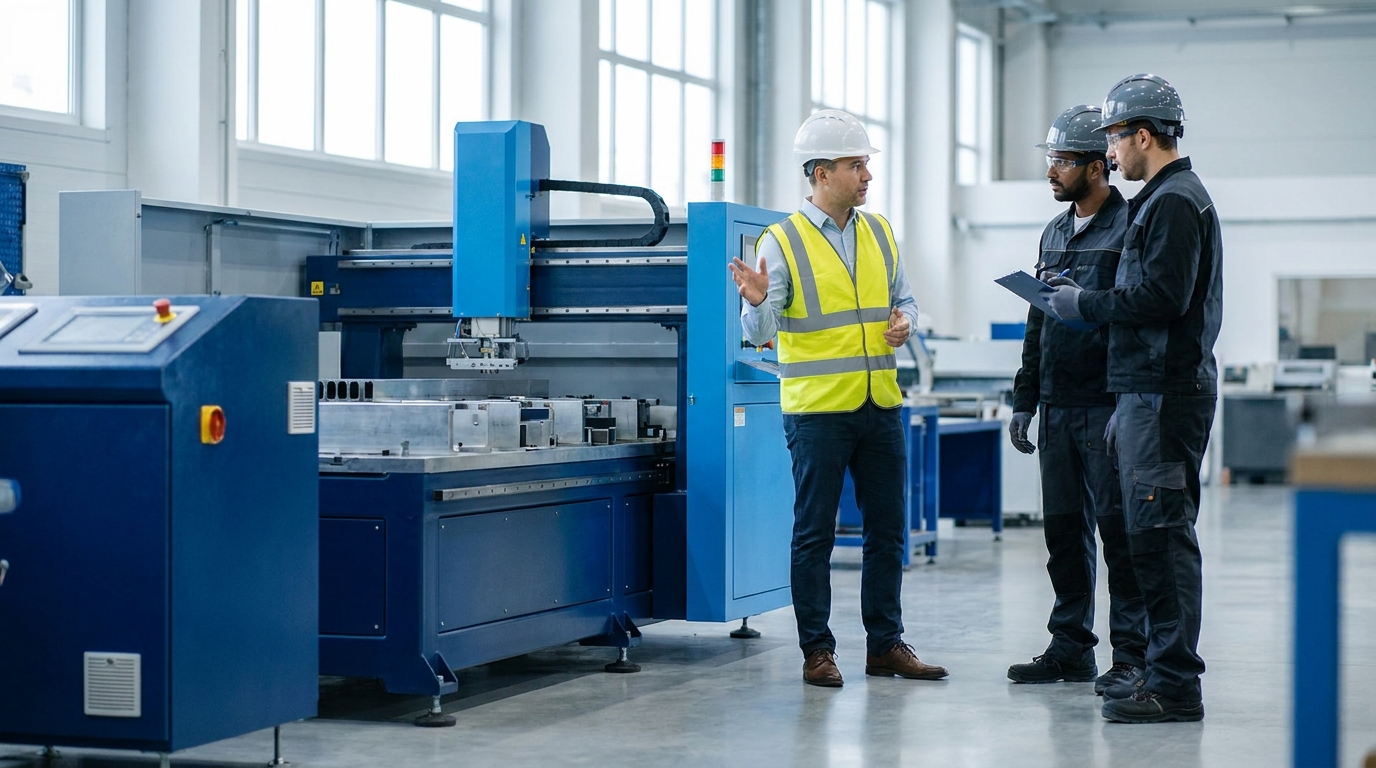 A safety engineer in a white hard hat and high-visibility vest briefing two workers in protective gear beside machinery on a factory floor