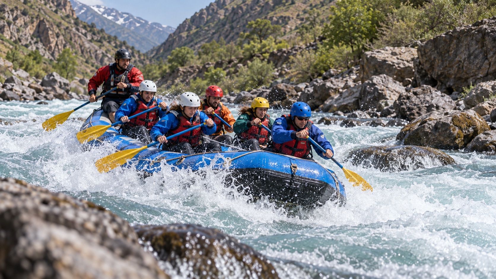 Raft crew in helmets and life jackets running a rapid on a mountain river