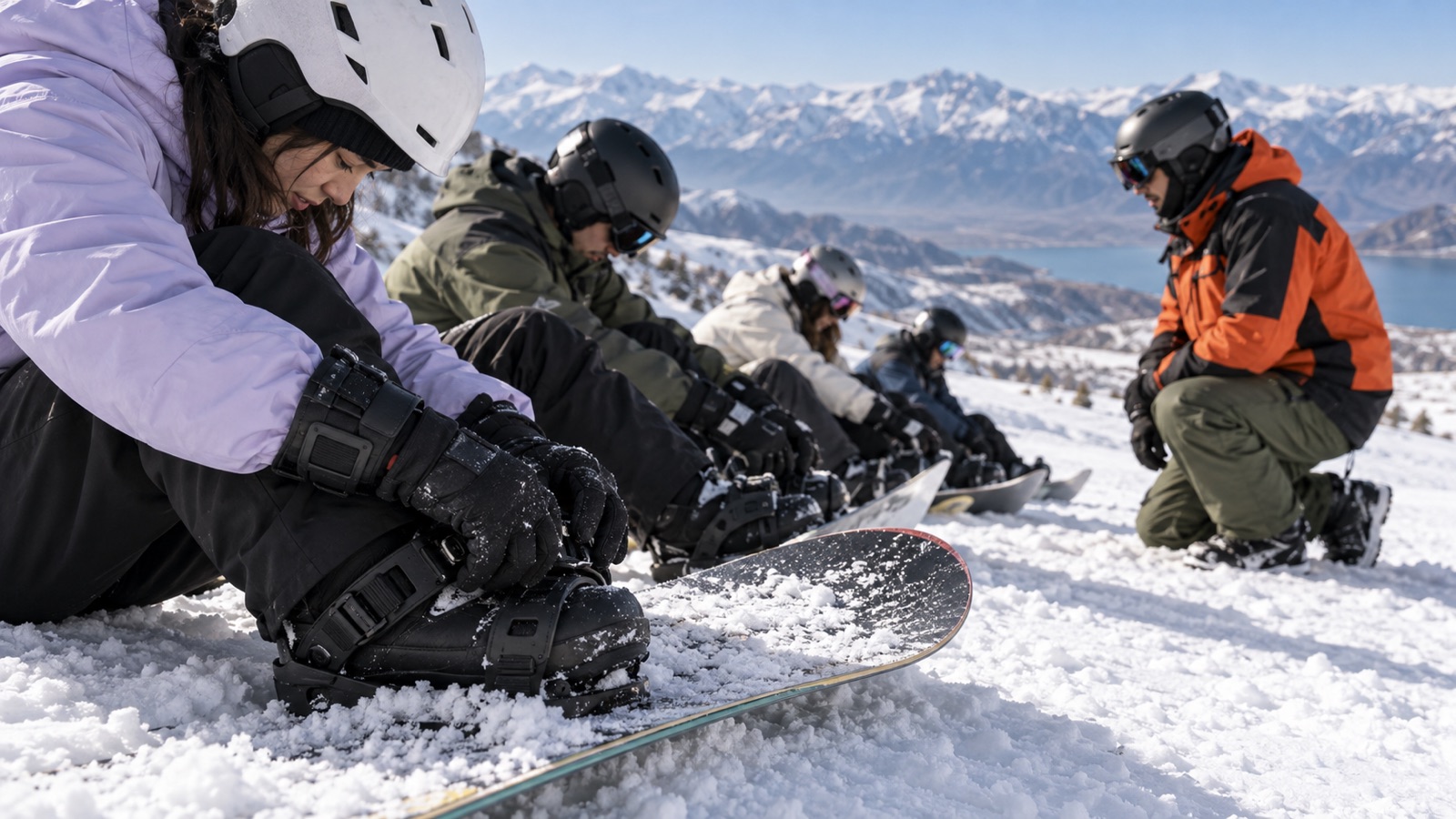 Beginner snowboarders strapping into their bindings on the slope