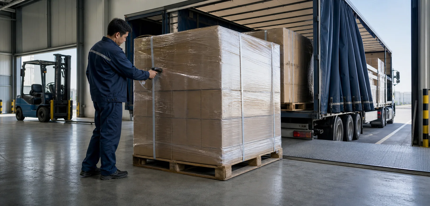A specialist inspects cargo prepared for transport
