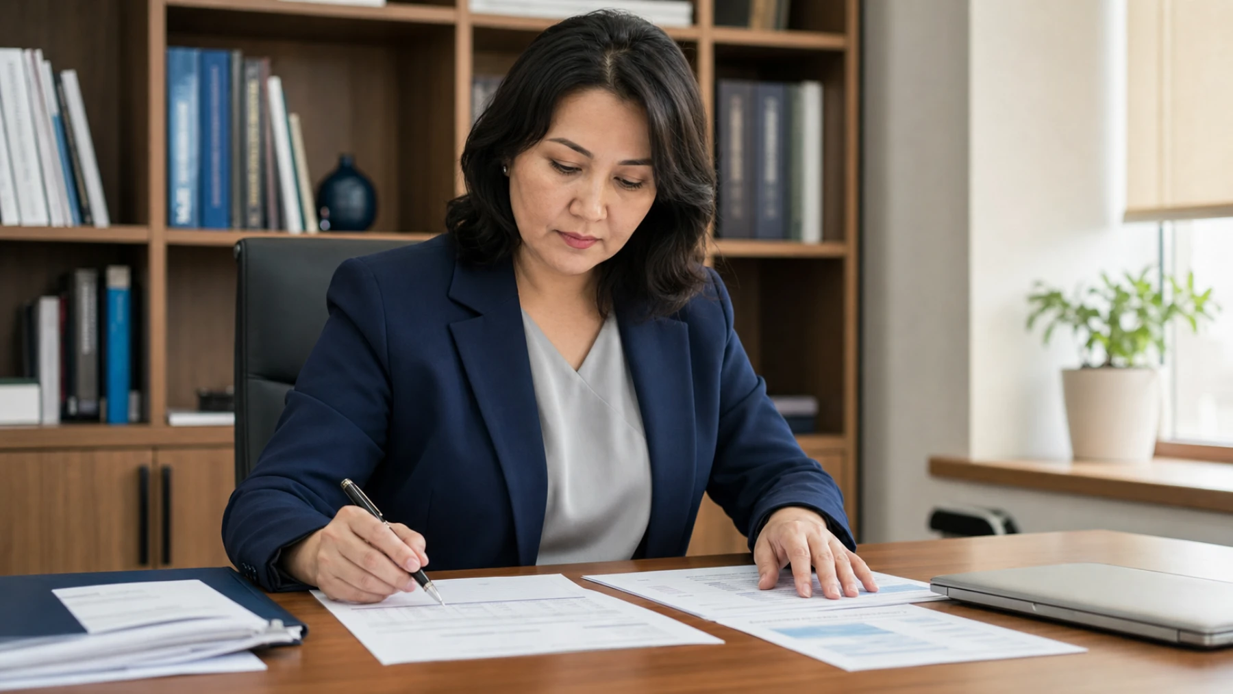 A tax consultant reviews calculations and financial statements