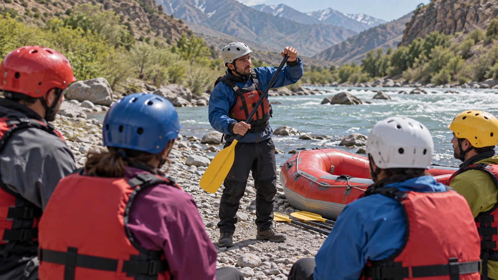 Instructor briefing a group in life jackets and helmets on the riverbank