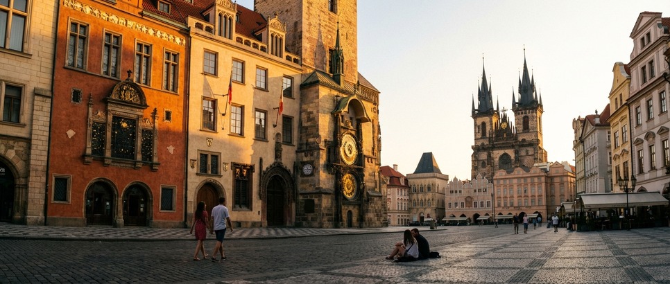 Panorama of Prague with Charles Bridge and historical architecture on a sunny day.