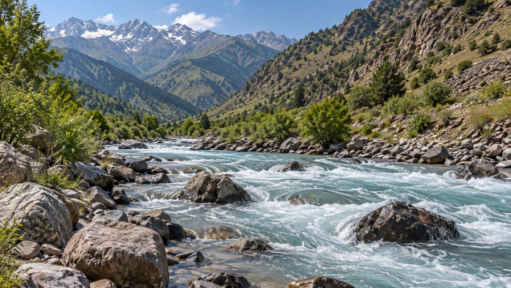 The Ugam mountain river in a green valley
