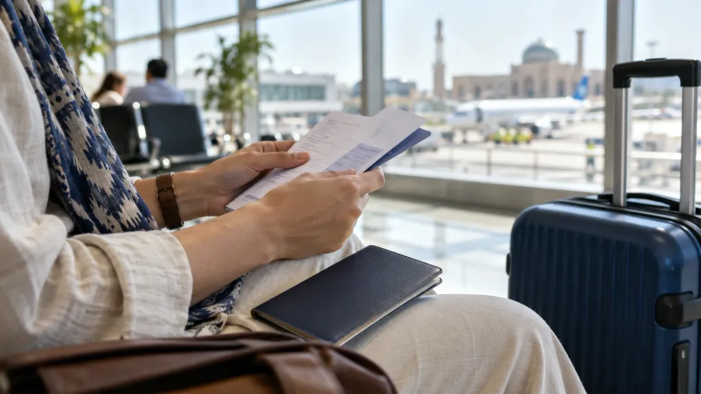 Sayohatchi aeroportda safar hujjatlarini tekshirmoqda