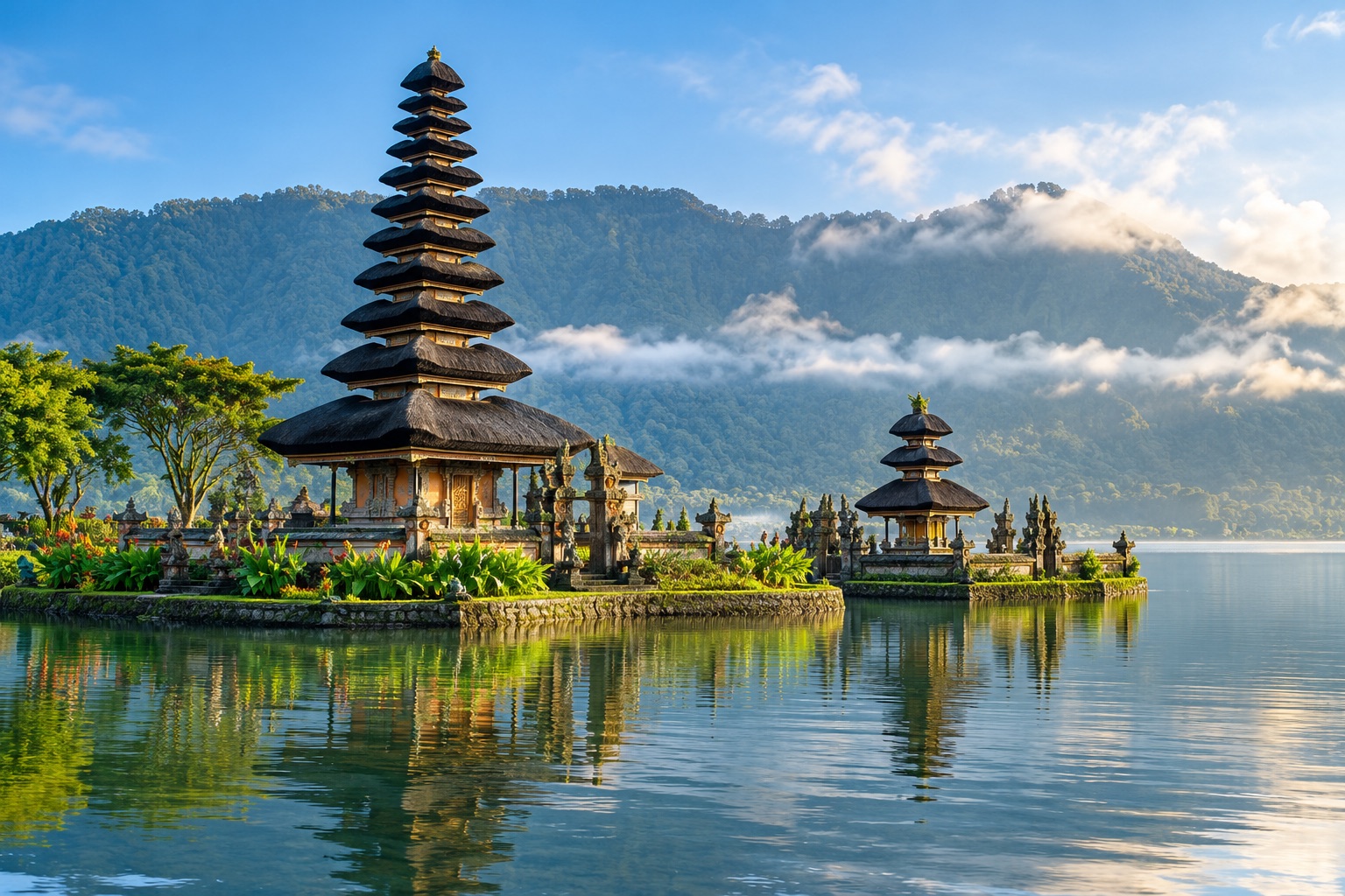 Illustration of a Balinese temple by Lake Beratan